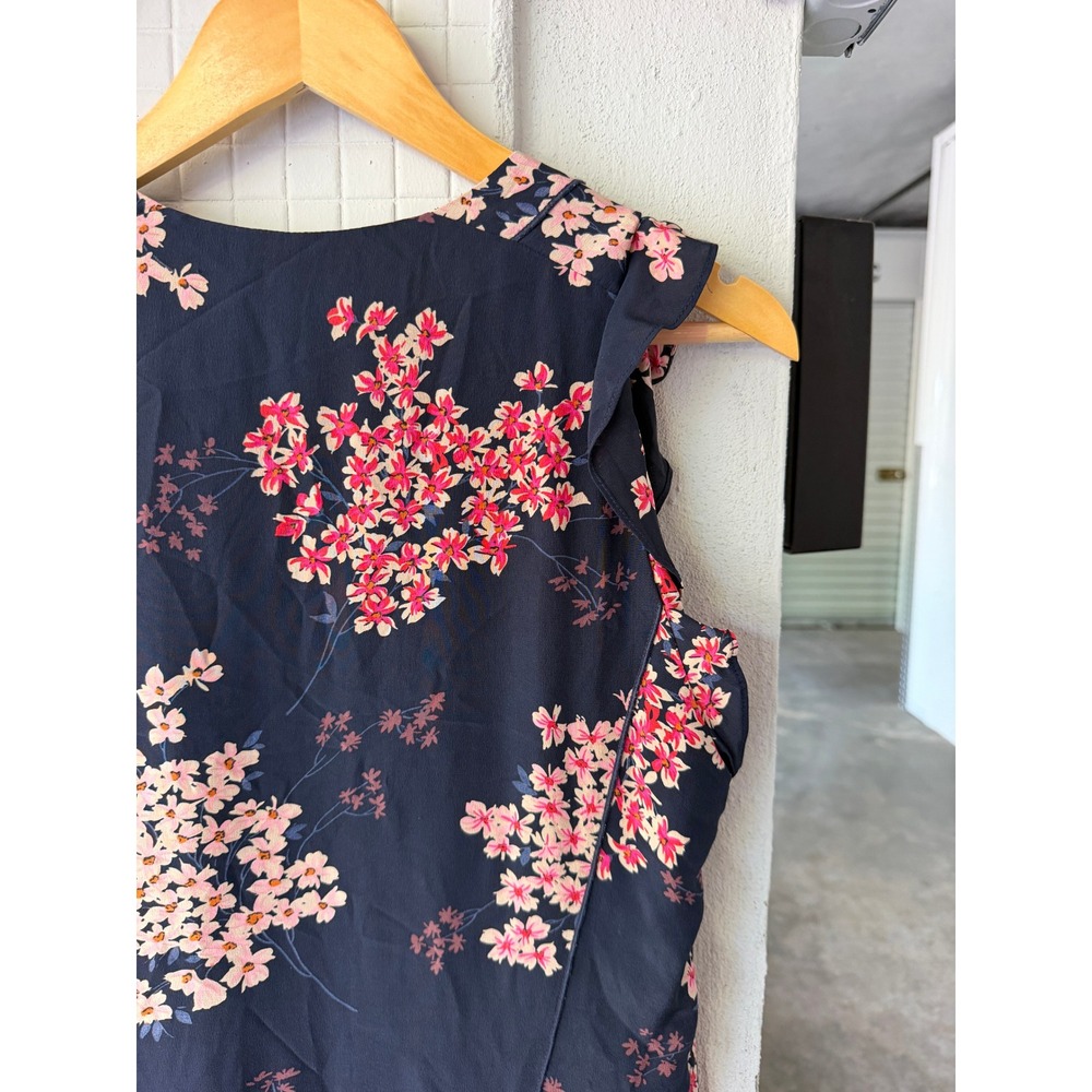 Rebecca Taylor Silk Floral Fit Flare Dress 8 Navy Pink Ruffle V-Neck - Picture 6 of 8